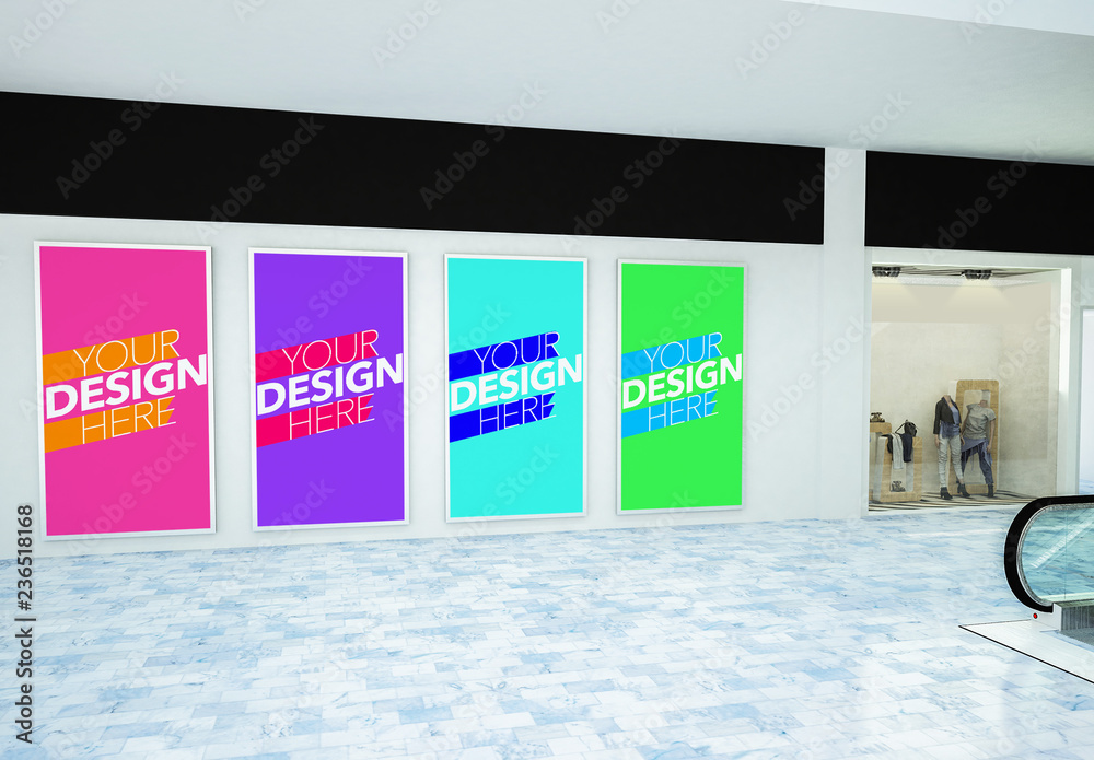 Four Vertical Advertisements in Mall Mockup Stock Template | Adobe Stock
