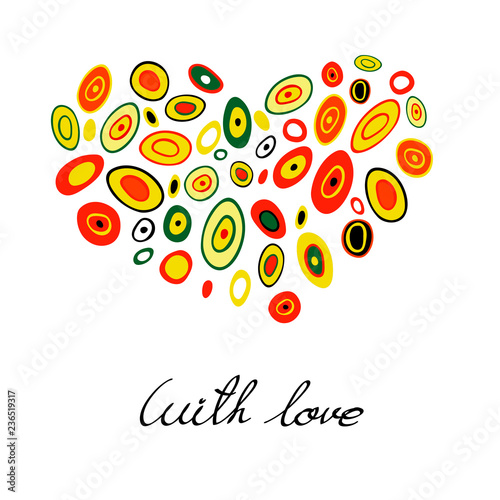 Heart of colored elements in the style of Gustav Klimt. On a white background isolated. With an inscription by hand. With love.