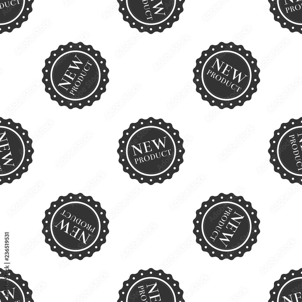 New product label, badge, seal, sticker, tag, stamp icon seamless pattern on white background. Flat design. Vector Illustration