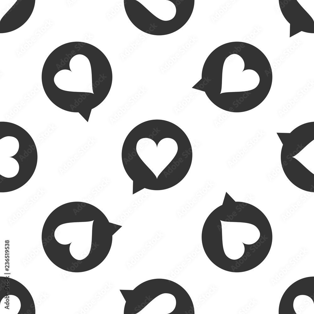 Heart in speech bubble icon seamless pattern on white background. Heart shape in message bubble. Love sign. Valentines day symbol. Flat design. Vector Illustration