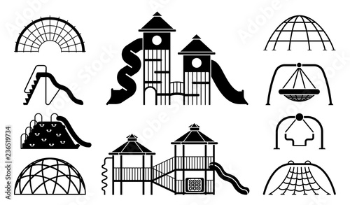 Kid playground equipment icons. Icon set with different types of elements on the playground.