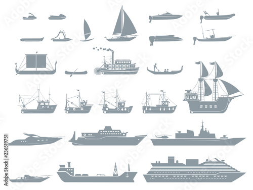 Large collection of geometrically stylized boats and watercrafts. Pictogram icons representing vessels.