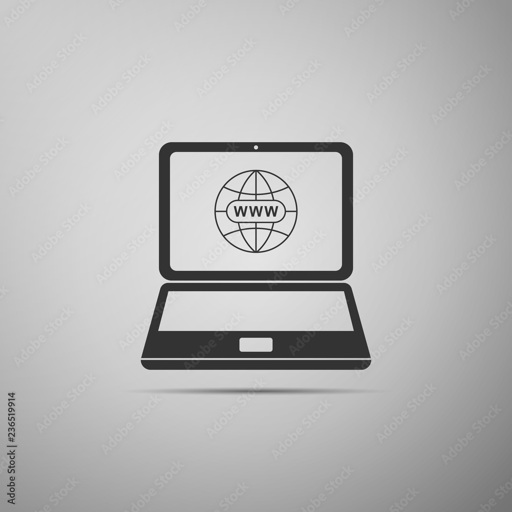 Website on laptop screen icon isolated on grey background. Globe on screen of laptop symbol. World wide web symbol. Internet symbol for your web site design, logo. Flat design. Vector Illustration Website on laptop screen icon isolated on grey background. Globe on screen of laptop symbol. World wide web symbol. Internet symbol for your web site design, logo. Flat design. Vector Illustration