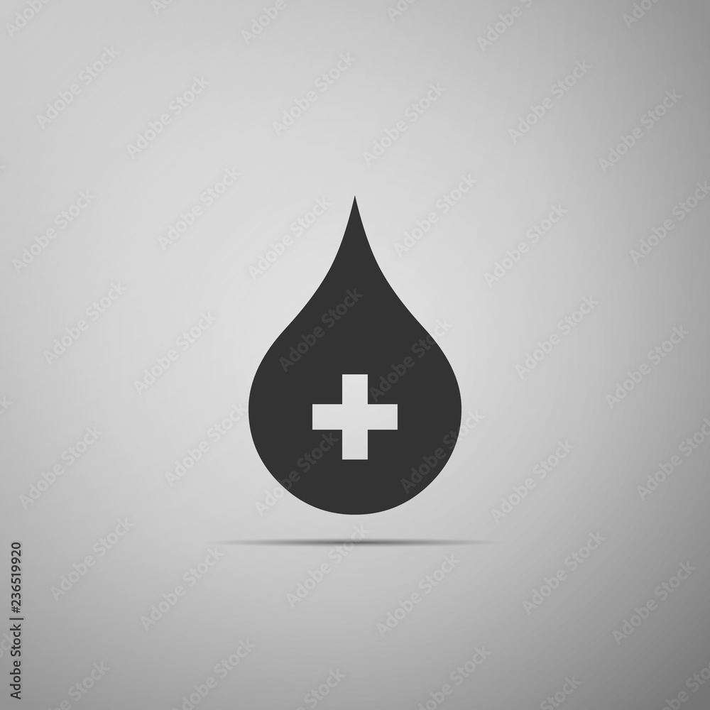 Blood drop icon isolated on grey background. Donate drop blood with cross sign. Donor concept. Flat design. Vector Illustration Blood drop icon isolated on grey background. Donate drop blood with cross sign. Donor concept. Flat design. Vector Illustration