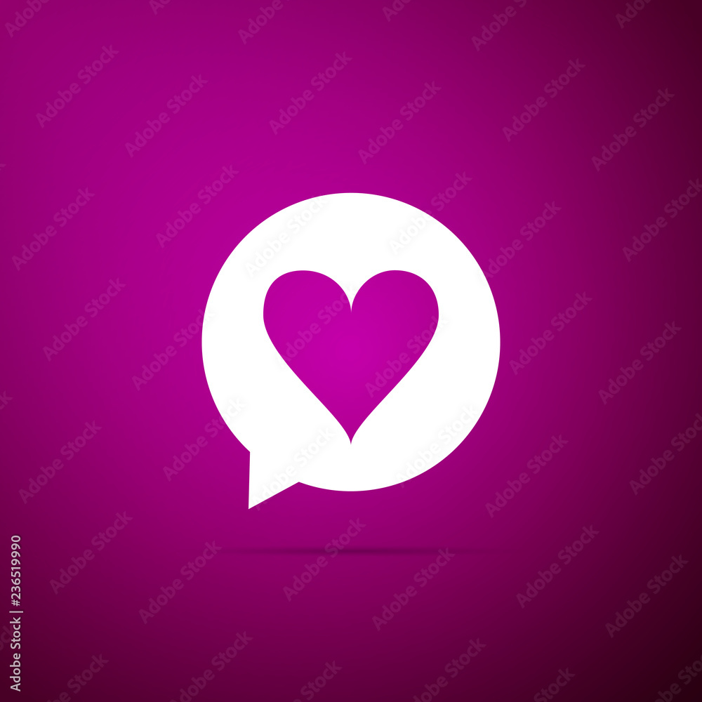 Heart in speech bubble icon isolated on purple background. Heart shape in message bubble. Love sign. Valentines day symbol. Flat design. Vector Illustration Heart in speech bubble icon isolated on purple background. Heart shape in message bubble. Love sign. Valentines day symbol. Flat design. Vector Illustration