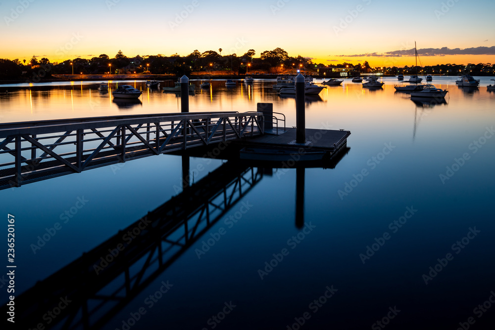 Fototapeta premium floating jetty, walkway, sunset, water sea.