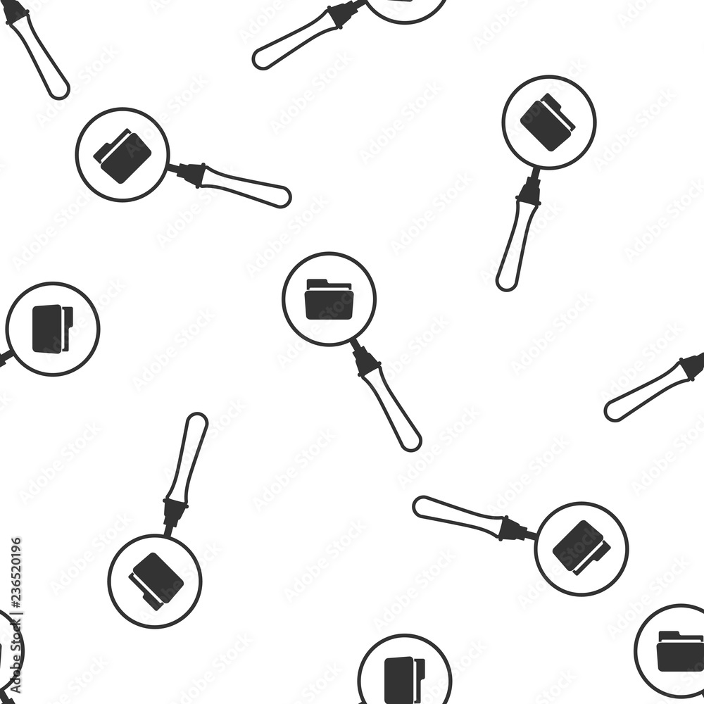 Search concept with folder icon seamless pattern on white background. Magnifying glass and document. Data and information sign. Flat design. Vector Illustration