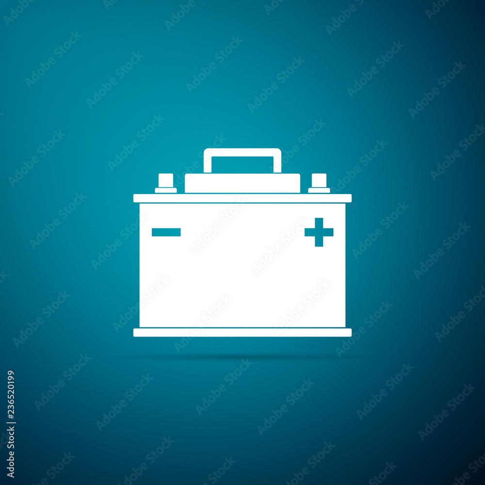 Car battery icon isolated on blue background. Accumulator battery energy power and electricity accumulator battery. Flat design. Vector Illustration Car battery icon isolated on blue background. Accumulator battery energy power and electricity accumulator battery. Flat design. Vector Illustration