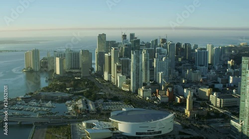 Aerial sunrise view Bayfront Park Downtown Skyscrapers Bayside Metropolitan buildings Florida USA 