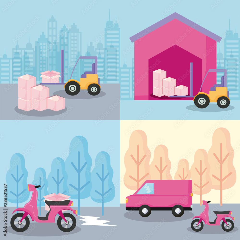 delivery service motorcycle with forklift and van car