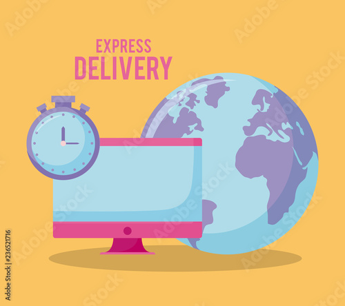 delivery service with planet earth and set icons