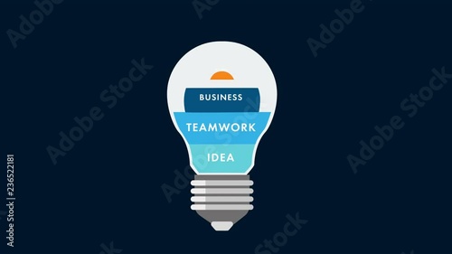 Business sale idea and motivating concept. Words appearing in light bulb and lighting it up. Colorful lamp icon with text. Flat design. 4K. Alpha channel. Loop animation