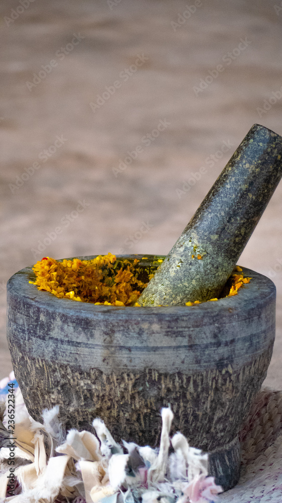 pestle and mortar with Thai chili paste 