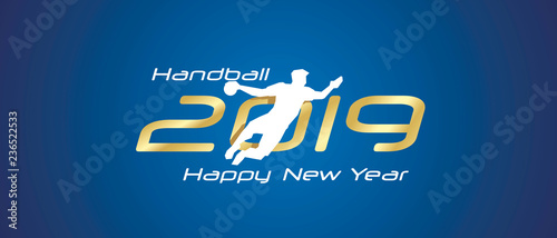 Handball silhouette 2019 Happy New Year gold white logo icon blue background
