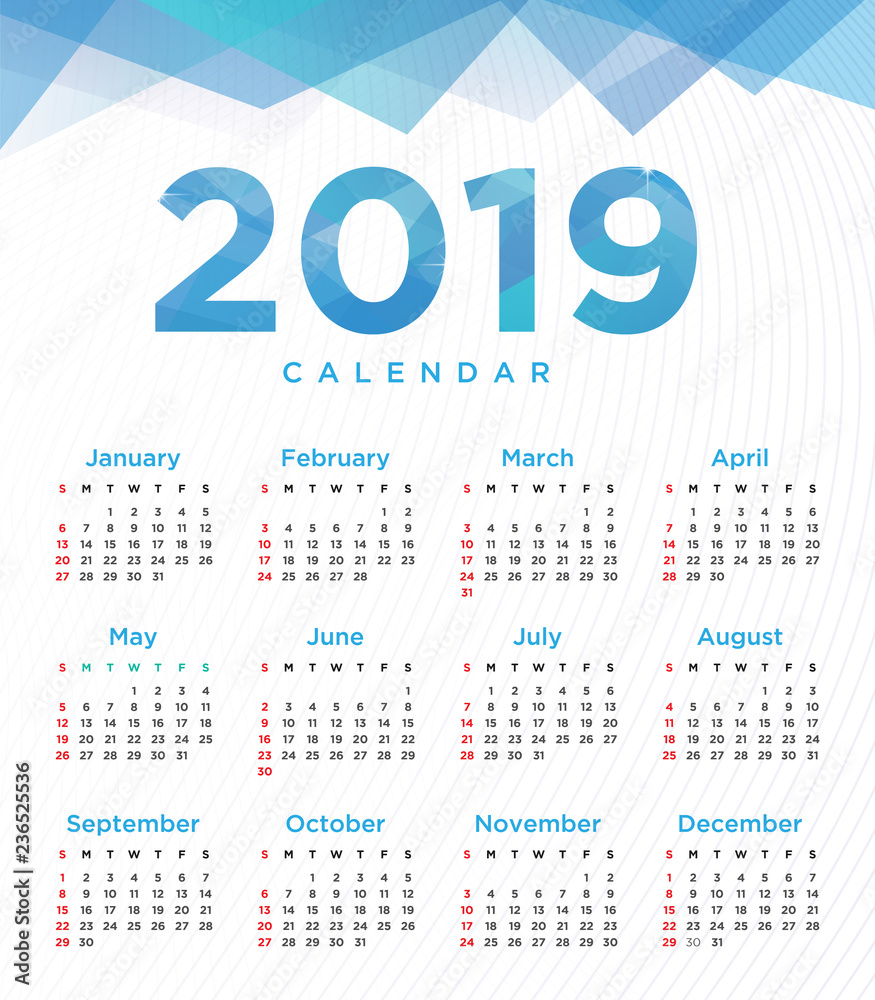 Vector of 2019 new year calendar template Design with simple background and minimalist concept Vector of 2019 new year calendar template Design with simple background and minimalist concept
