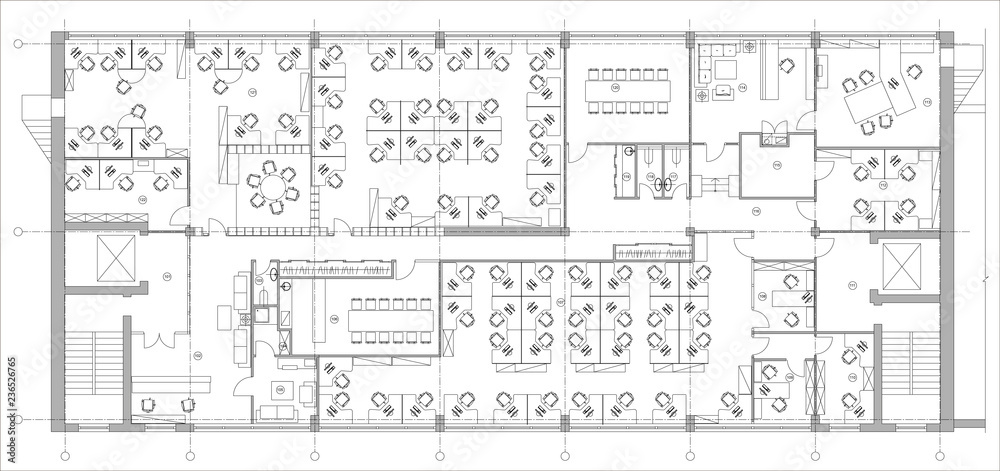 Standard office furniture symbols set used in architecture plans, office planning icon set, graphic design elements. Office room - top view plans. Vector isolated.