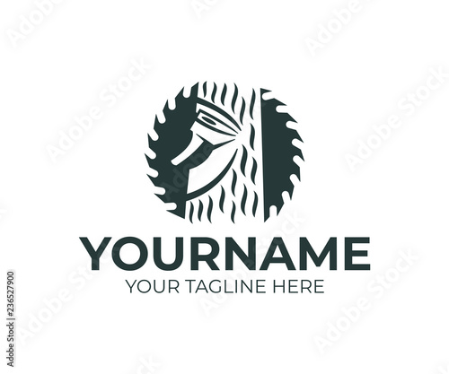 Circular saw disc, lumberjack chopping tree with an ax, logo design. Joinery, construction, carpenter, woodworking and carpentry, vector design and illustration