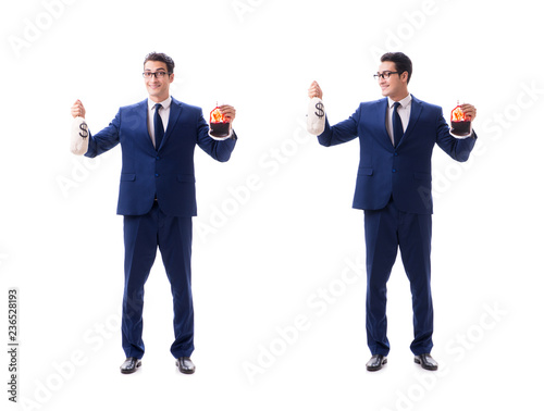 Businessman with blood bag isolated on white