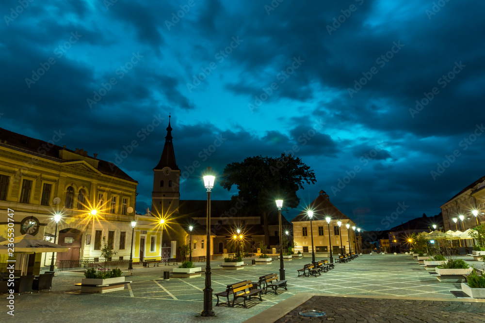 Night view of Rasnov city center, Brasov, Romania