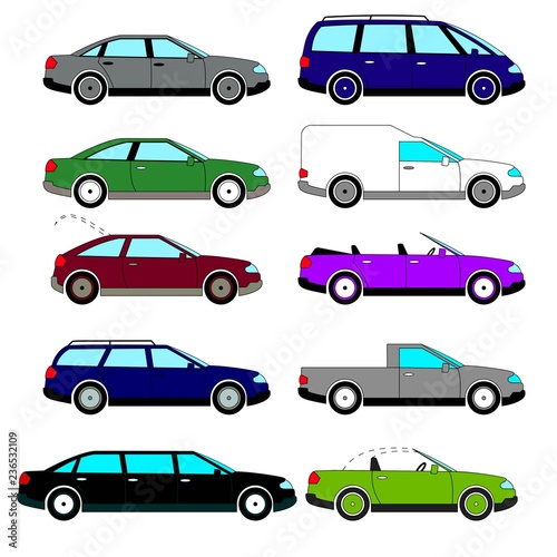 A set of vector sketches of ten retro cars that were released during the 1960s