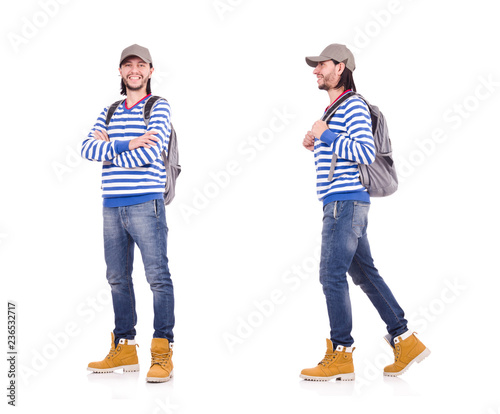 Student with backpack isolated on the white