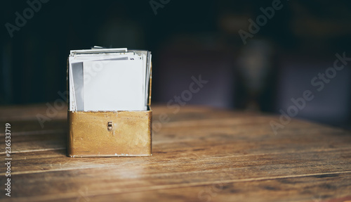 Vintage photo collection box with blur background .