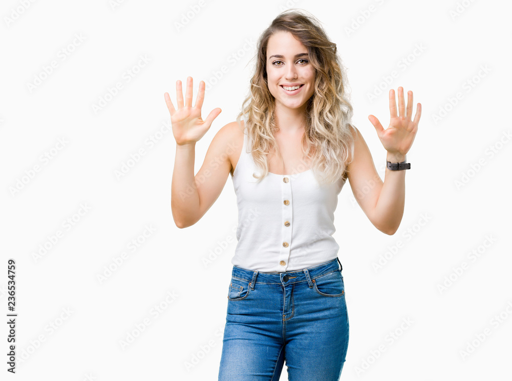 Young beautiful blonde woman over isolated background showing and pointing up with fingers number ten while smiling confident and happy. Young beautiful blonde woman over isolated background showing and pointing up with fingers number ten while smiling confident and happy.