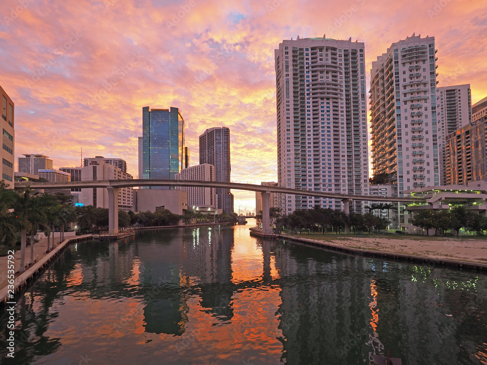 Miami, Florida 11-24-2018 The City of Miami and the Miami River from the South Miami Avenue bridge at sunrise.