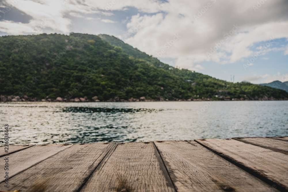 Empty wooden platform and beach for see the beach, sea and nature of NangYuan and Tao island