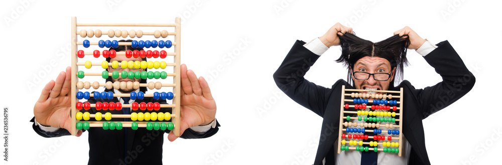Funny man with calculator and abacus Funny man with calculator and abacus