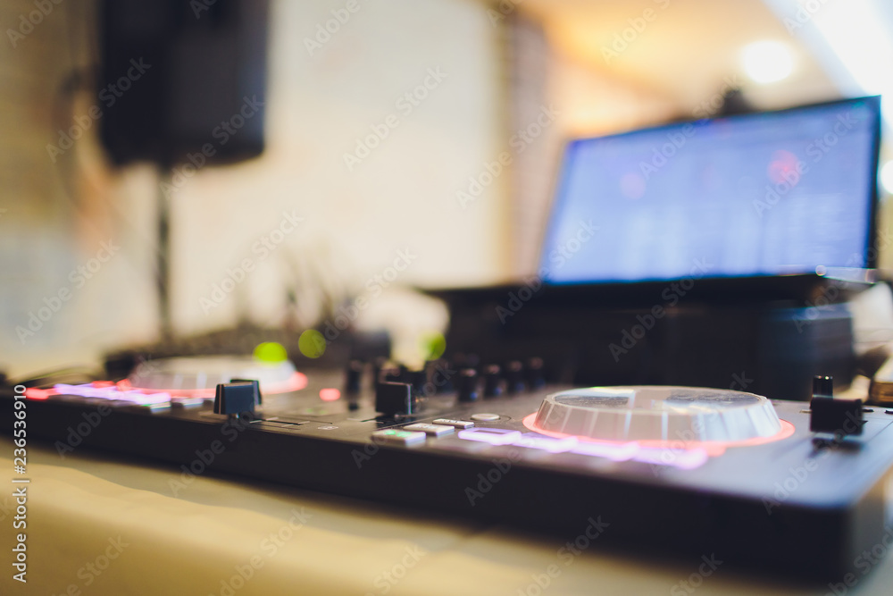 Open air music festival stage equipiment.DJ setup for playing music set ...