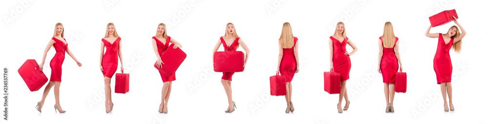 Blondie in red dress with suitcase isolated on white Blondie in red dress with suitcase isolated on white