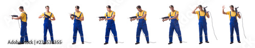 Foto Contractor employee with hand power drill on white background