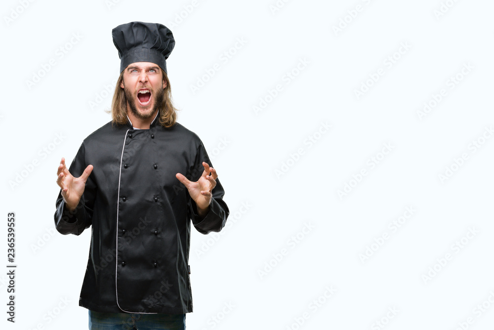 Young handsome cook man with long hair over isolated background crazy and mad shouting and yelling with aggressive expression and arms raised. Frustration concept. Young handsome cook man with long hair over isolated background crazy and mad shouting and yelling with aggressive expression and arms raised. Frustration concept.