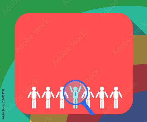 Business Empty template for Layout for invitation greeting card promotion poster voucher. Magnifying Glass Over Chosen Man Figure Among the Hu analysis Dummies Line Up