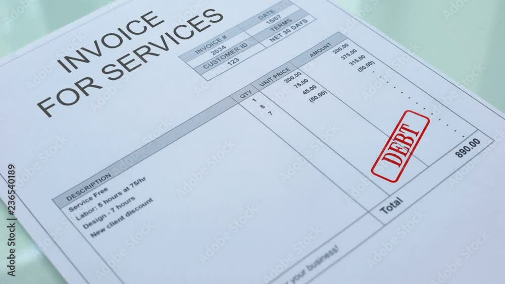 Invoice for service debt, hand stamping seal on commercial document, business Invoice for service debt, hand stamping seal on commercial document, business