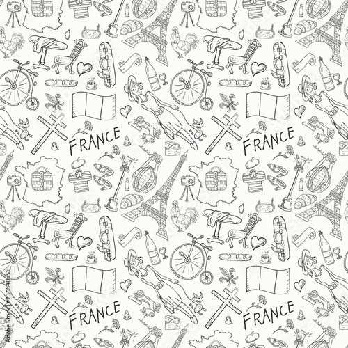 contour seamless illustration, pattern_5_travel to Europe France, symbols and attractions, set of drawings, print design and web Doodle decoration