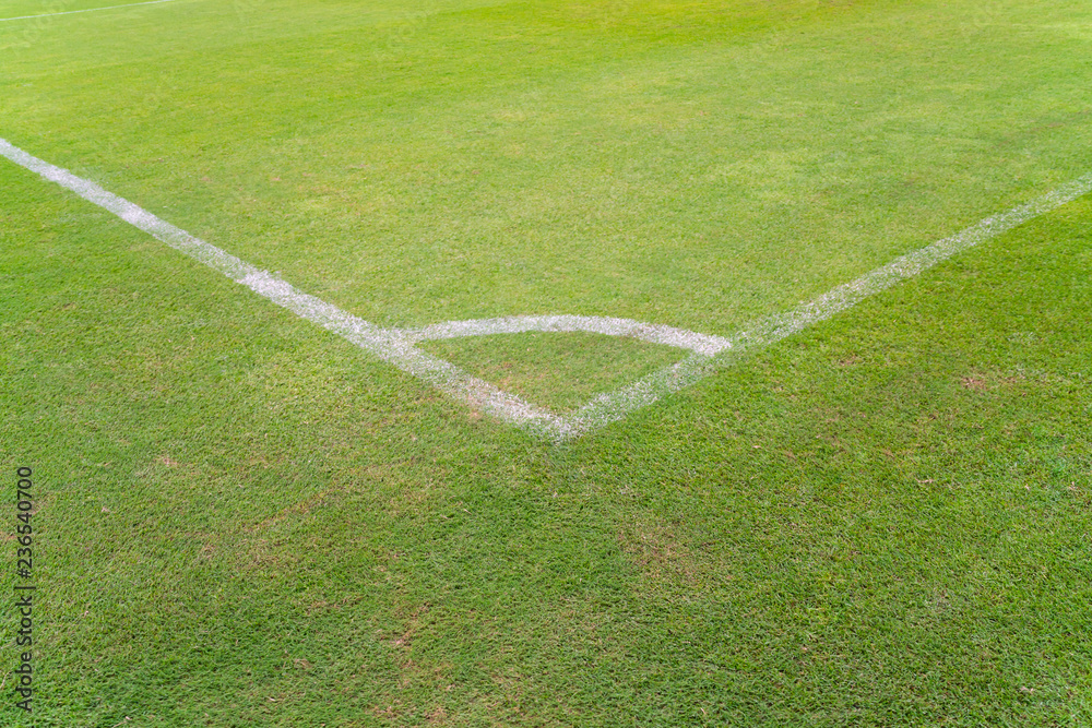 Obraz premium Conner of football field with green grass. Corner of soccer pitch,soccer field green grass 