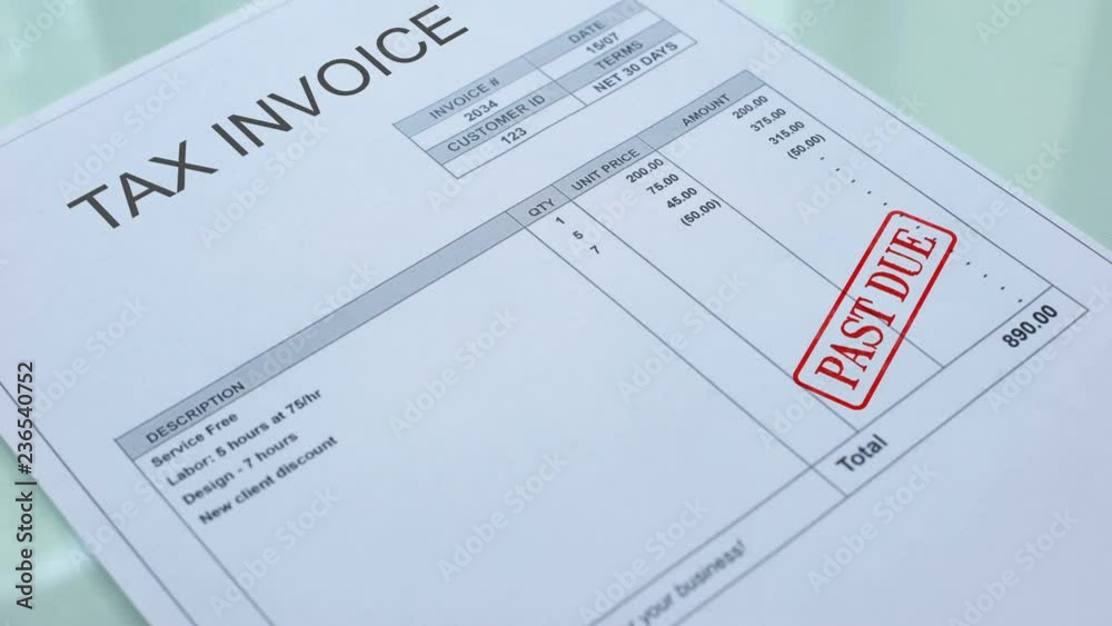 Tax invoice past due, hand stamping seal on commercial document, business Tax invoice past due, hand stamping seal on commercial document, business