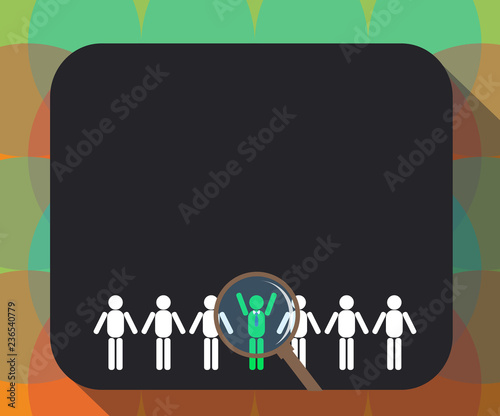 Design business Empty copy space text for Ad website promotion isolated Banner template. Magnifying Glass Over Chosen Man Figure Among the Hu analysis Dummies Line Up