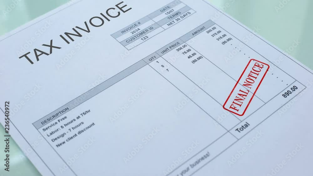 Tax invoice final notice, hand stamping seal on commercial document, business Tax invoice final notice, hand stamping seal on commercial document, business
