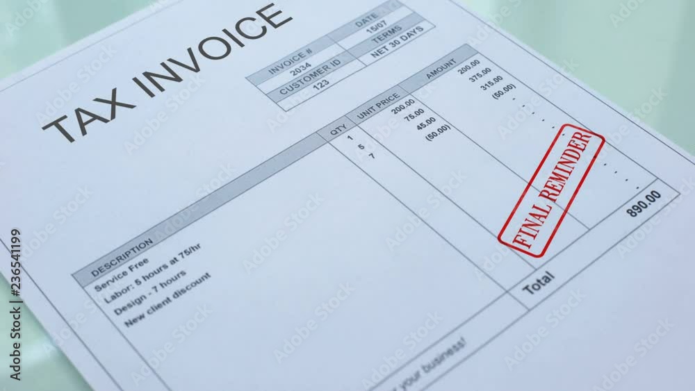 Tax invoice final reminder, hand stamping seal on commercial document, business Tax invoice final reminder, hand stamping seal on commercial document, business