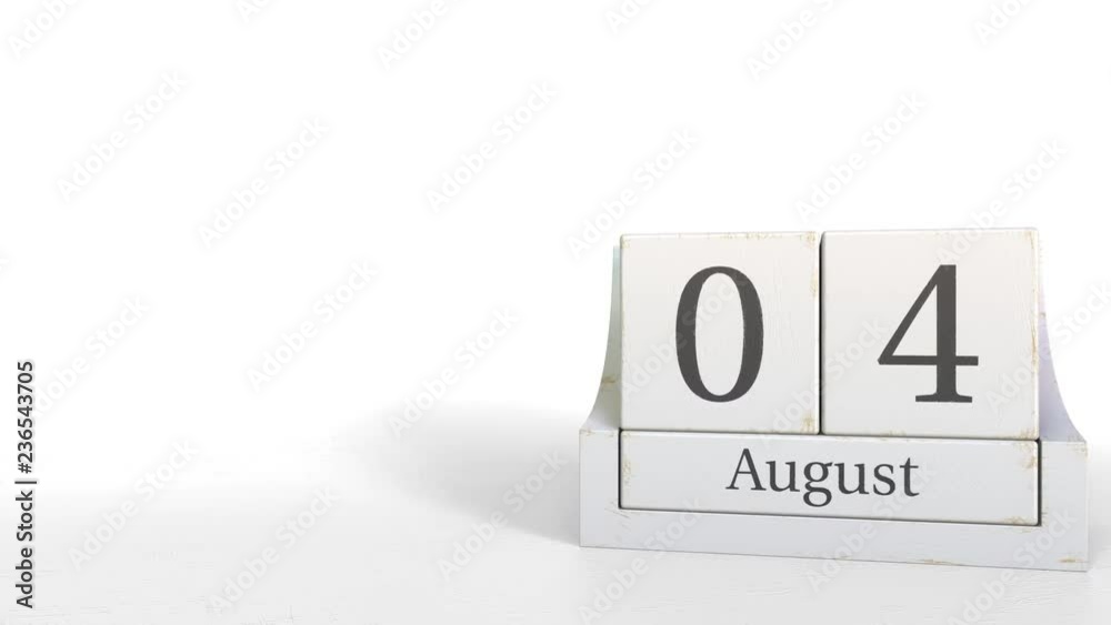 Wood cube calendar shows August 4 date, 3D animation Wood cube calendar shows August 4 date, 3D animation