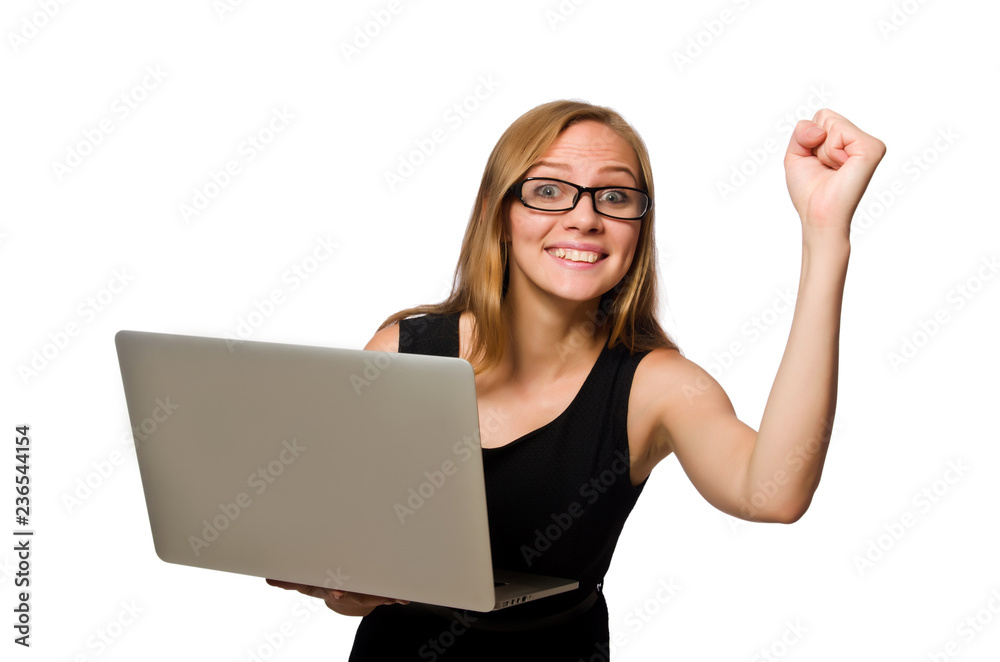 Woman with laptop isolated on white Woman with laptop isolated on white