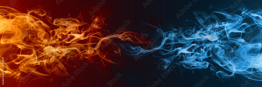 Abstract Fire and Ice element against (vs) each other background. Heat and Cold concept - obrazy, fototapety, plakaty 