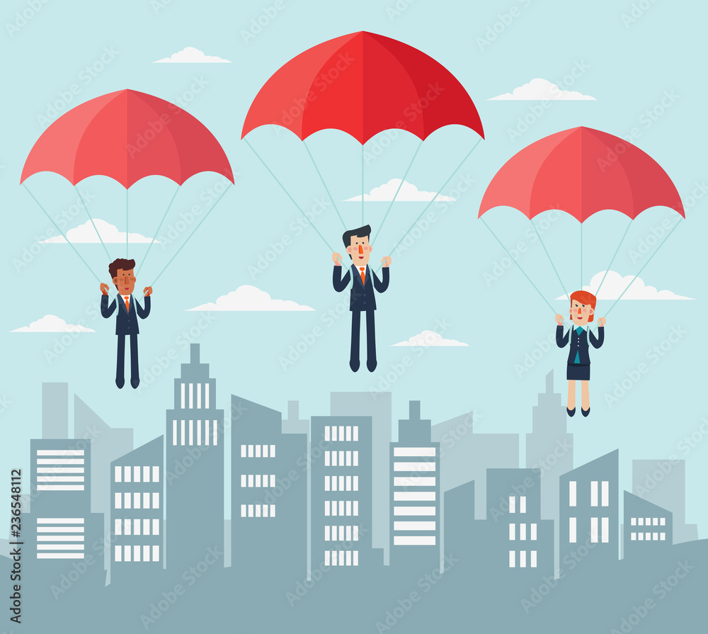 Business people with parachute over city Business people with parachute over city