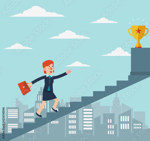 Business woman going up the stairs over the city, towards a trophy