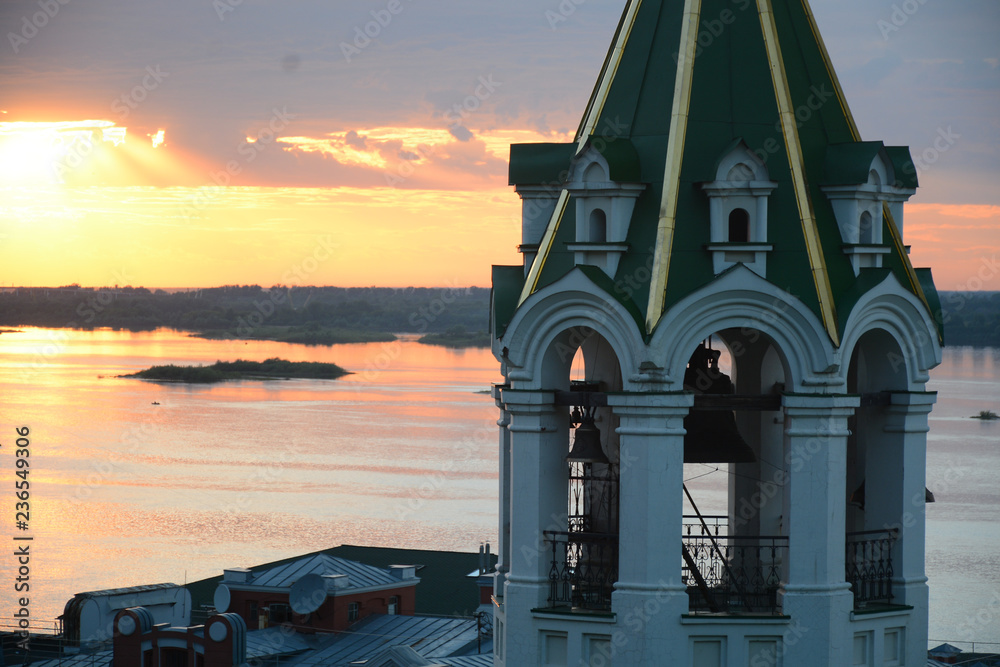 NIZHNY NOVGOROD, RUSSIA - JUNE 25, 2018: Beautiful view from Kremlin boulevard to Volga river during sunset