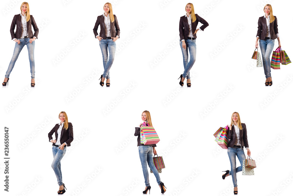 Beautiful woman with shopping bags isolated on white Beautiful woman with shopping bags isolated on white