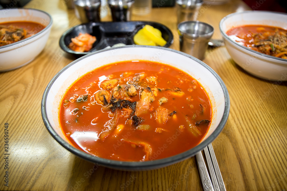 Jjamppong, Spicy Seafood Noodle Soup, Korean Food Jjamppong, Spicy Seafood Noodle Soup, Korean Food